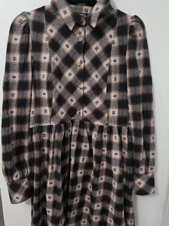 Disturbia Dresses & Skirts - Disturbia Plaid Button-Up Long Sleeve Dress in Beige, Black and Blue